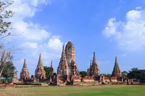 Beautiful temple structures at Wat Chaiwatthanaram in Ayutthaya.